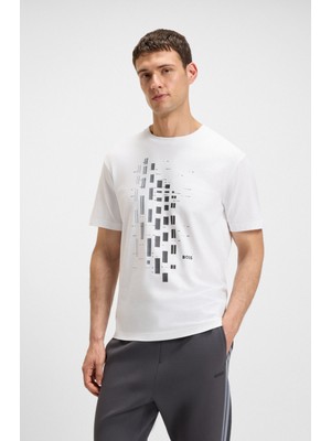 Boss Erkek Bisiklet Yaka Kısa Kollu Desenli Vücudu Sarmayan Rahat Beyaz T-Shirt 50543808-100