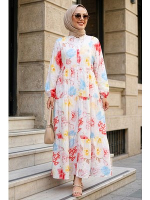 Desenli Pudra Tesettür Elbise 20626PD