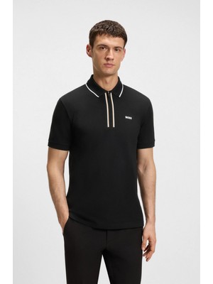Boss Erkek Slim Fit Hızlı Kuruyan Esnek Pamuklu Kısa Kollu Fermuarlı Siyah Polo Yaka T-Shirt 50544450-001