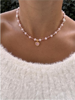 Hercy Kristal Boncuklu Prenses Kolye | Zirkon Taşlı Kalp Kolye | Pembe Kolye