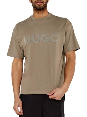 Hugo Erkek Oversize Büyük Logo Işlemeli Pamuklu Yuvarlak Yaka Kısa Kollu Bej T-Shirt 50525765-219