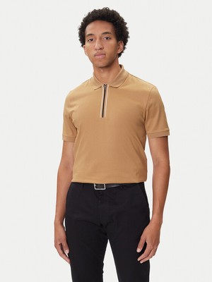 Boss Erkek %100 Merserize Pamuklu Normal Kalıp Kısa Kollu Yarım Fermuarlı Bej Polo Yaka T-Shirt 50543880-260