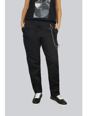 Ysatiss Kadın Beli Lastikli Normal Kalıp Zincir Aksesuarlı Siyah Pantolon JYS2000112-SİYAH