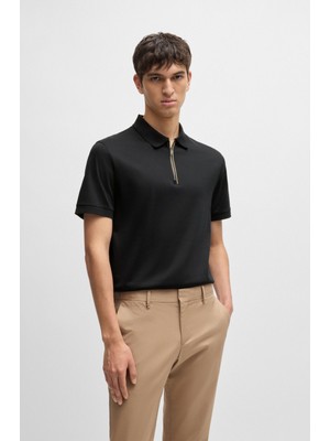 Boss Erkek Polo Yaka Fermuar Kapamalı Logolu Kısa Kol Siyah Polo Yaka T-Shirt 50521118-001
