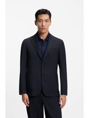 Boss Erkek Yün Karışımlı Çentikli Yaka Dar Kalıp Lacivert Ceket 50556757-404