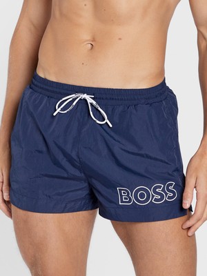 Erkek Boss Yazı Desen Bel Bağlamalı Kısa Boy Mavi Mayo 50469280-413
