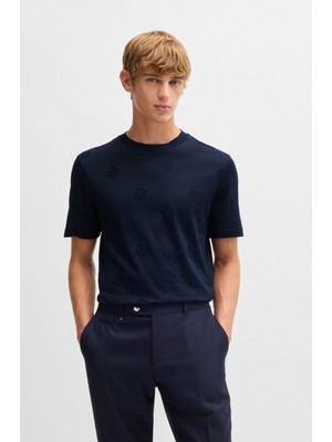 Boss Erkek Regular Fit Yuvarlak Yaka Monogram Logo Işlemeli %100 Pamuklu Kısa Kollu Lacivert T-Shirt 50532753-404