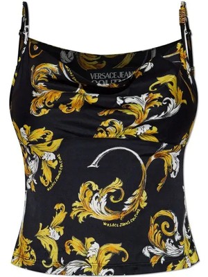 Versace Kadın Slim Fit Geniş Yaka Ince Ip Askılı Crop Siyah-Altın Bluz 78HAM236NS639-G89