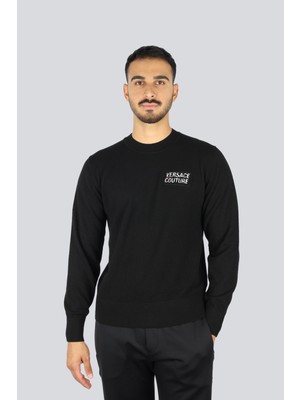 Versace Erkek Regular Fit Logo Baskılı Yuvarlak Yakalı Uzun Kollu Siyah Kazak 79GAF00MCMH81-899