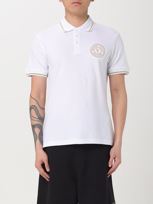 Versace Erkek Polo Yaka Kol ve Yaka Ucu Şerit Detaylı Beyaz-Altın Polo Yaka T-Shirt 78GAGT00CJ01T-G03