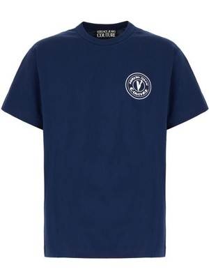 Erkek Bisiklet Yaka Kısa Kol Versace Yazı ve Desenli Lacivert T-Shirt 78GAHE07CJ00E-283