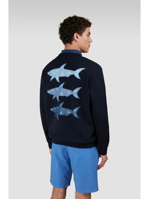 Paul & Shark Erkek Regular Fit Yuvarlak Yaka Arkası Shark Baskılı Önü Logo Işlemeli Pamuklu Uzun Kollu Lacivert Sweatshirt 25411855-050
