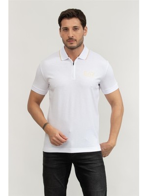 Erkek Polo Yaka Ea7 Yazı Desen Pamuklu Kısa Kol Beyaz Polo Yaka T-Shirt 7M000669 AF13739-U0002