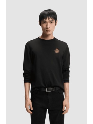 Boss Erkek %100 Pamuklu Yuvarlak Yakalı Logo Baskılı Uzun Kollu Siyah T-Shirt 50564302-001