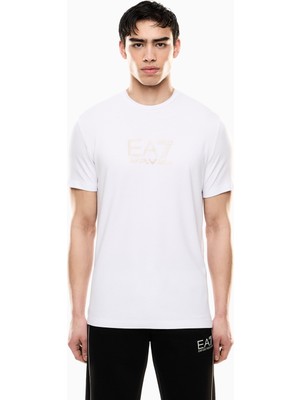Erkek Kısa Kol Bisiklet Yaka Pamuklu Ea7 Desen Beyaz T-Shirt 7M000667 AF13739-U0002