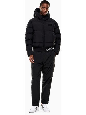 Erkek Kapşonlu Yaka Fermuar Kapama Ea7 Yazı Desen Cep Detay Siyah Ceket 7M000710 AF15951-UC001