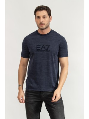 Erkek Kısa Kol Bisiklet Yaka Pamuklu Ea7 Desen Mavi T-Shirt 7M000755 AF13869-UB102