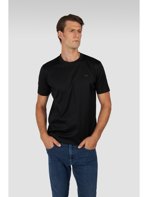 Paul & Shark Erkek Regular Fit Yuvarlak Yakalı %100 Pamuklu Shark Logolu Kısa Kollu Siyah-Altın T-Shirt 15311610-11G