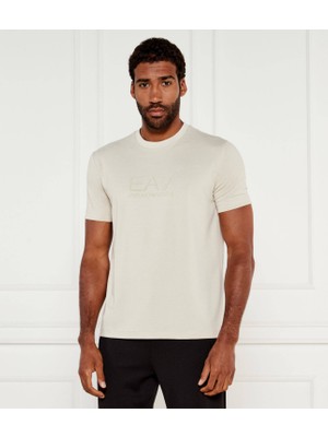 Erkek Kısa Kol Bisiklet Yaka Pamuklu Ea7 Desen Krem T-Shirt 7M000755 AF13869-U1086