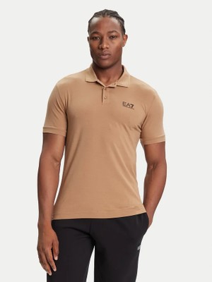 EA7 Erkek Regular Fit Logo Baskılı Kısa Kollu Pamuklu Bej Polo Yaka T-Shirt 8NPF14 PJVQZ-U6171
