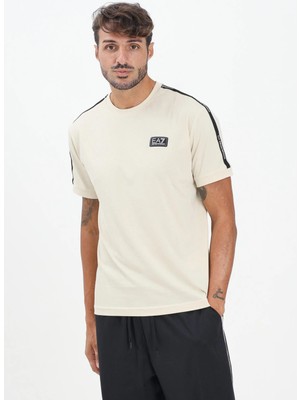 EA7 Erkek Pamuklu Bisiklet Yaka Kısa Kollu Ekru- Siyah T-Shirt 7M000956 AF10375-M1218