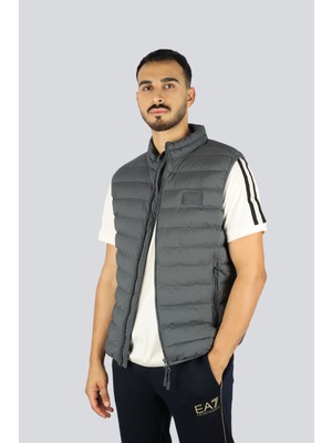 EA7 Erkek Kolsuz Dik Yaka Şişme Fermuar Kapama Gri Yelek 7M000683 AF15953-U8117