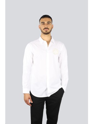 Versace Erkek Gömlek Yaka Uzun Kollu Logo Baskılı Beyaz-Altın Gömlek 78GALYS2CN002-G03