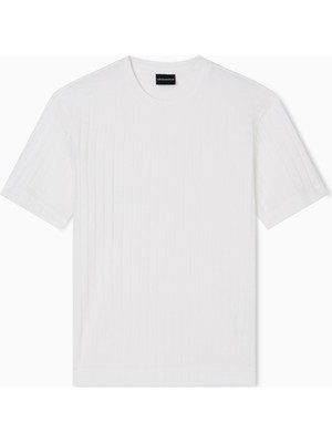 Emporio Armani Erkek Pamuklu Jarse Kumaş Kabartmalı Kare Motifli Yuvarlak Yaka Kısa Kollu Beyaz T-Shirt EM002967 AF10762-F0122