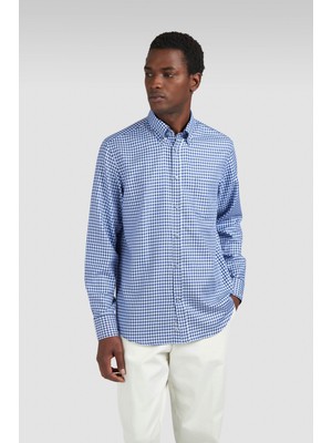 Paul & Shark Erkek Regular Fit %100 Pamuk Kareli Uzun Kollu Beyaz-Mavi Gömlek 15313048-S67