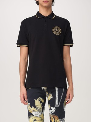 Versace Erkek Polo Yaka Kol ve Yaka Ucu Şerit Detaylı Siyah-Altın Polo Yaka T-Shirt 78GAGT00CJ01T-G89
