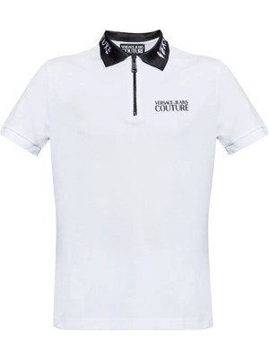Versace Erkek Slim Fit Yarı Fermuar Kapamalı Pamuklu Kısa Kollu Yakası Logo Baskılı Beyaz Polo Yaka T-Shirt 78GAGT03CJ01T-003
