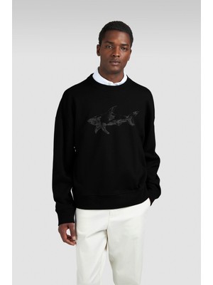 Paul & Shark Erkek Rahat Kalıp Büyük Shark Logolu Pamuklu Uzun Kollu Siyah Sweatshirt 15311848-011