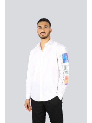 Paul & Shark Erkek Normal Kesim %100 Pamuklu Kolu Baskılı Uzun Kollu Beyaz Gömlek 25413531-010