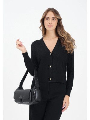 Armani Exchange Kadın Normal Kalıp V Yaka Ax Logo Detaylı Uzun Kollu Siyah Hırka XW001315 AF16619-FC101