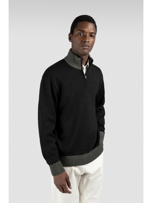 Paul & Shark Erkek Normal Kalıp Yarım Fermuarlı Dik Yaka %100 Yün Uzun Kollu Triko Siyah Triko 15311108-011