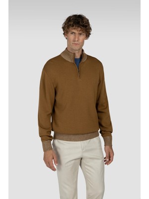 Paul & Shark Erkek Normal Kalıp Yarım Fermuarlı Dik Yaka %100 Yün Uzun Kollu Triko Kahverengi1 Triko 15311108-171