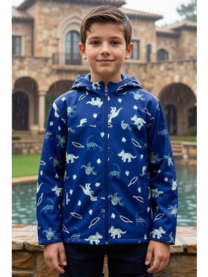 Dofi Erkek Çocuk Mavi Dinozor Desenli Softshell Mont – Su Geçirmez, Rüzgar Korumalı