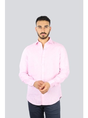 Paul & Shark Erkek Normal Kalıp %100 Keten Düz Uzun Kollu Pembe Gömlek 25413006CF-133
