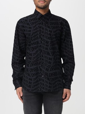 Versace Erkek Normal Kalıp Tamamı Logo Motifli Uzun Kollu Kadife Siyah Gömlek 79GAL2R0NS703-899