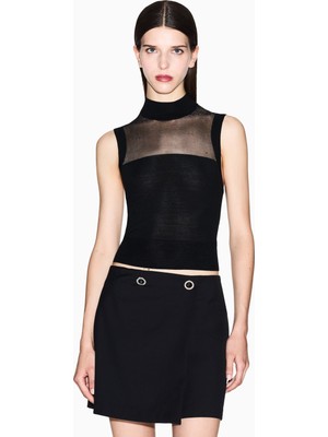 Armani Exchange Kadın Dar Kalıp Balıkçı Yaka Tül Detaylı Crop Siyah Bluz XW001323 AF13781-MC108
