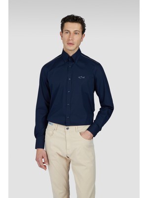 Paul & Shark Erkek Regular Fit Omuzlarda Çizgi Desenli Uzun Kollu Lacivert Gömlek 25413515-013