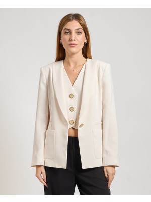 Armani Exchange Kadın Normal Kalıp Pürüzsüz Kumaş Omuz Pedli Cep Detaylı Tel Düğmeli Ekru Ceket XW001277 AF16148-U1003