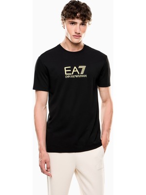 Erkek Kısa Kol Bisiklet Yaka Pamuklu Ea7 Desen Siyah T-Shirt 7M000667 AF13739-UC001