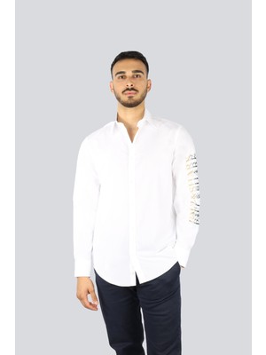 Paul & Shark Erkek Normal Kalıp Kolunda Logo Baskı Desenli Uzun Kollu Beyaz Gömlek 25413521-010