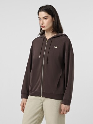 EA7 Kadın Kapşonlu Yaka Cep Detay Fermuar Kapama Uzun Kol Kahverengi Sweatshirt 7W000192 AF12643-U6063