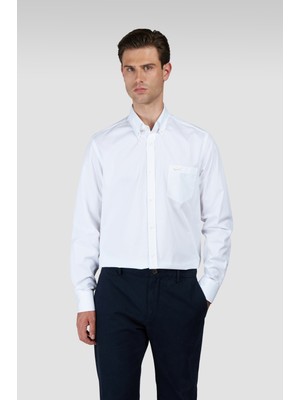 Paul & Shark Erkek Regular Fit Metalik Shark Logolu %100 Pamuklu Uzun Kollu Beyaz Gömlek 15313316-010