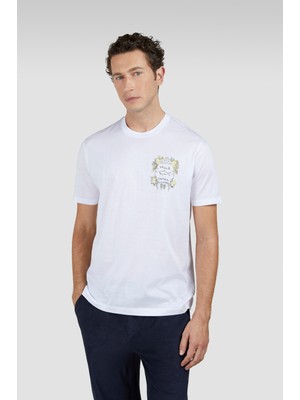 Paul & Shark Erkek Regular Fit Yuvarlak Yaka Pamuklu Desenli Kısa Kollu Beyaz T-Shirt 25411075-010