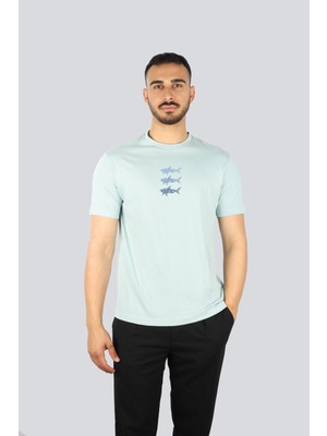 Paul & Shark Erkek Kısa Kollu Bisiklet Yaka Üç Balık Desenli Mavi T-Shirt 25411005-072