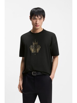 Boss Erkek Işlemeli Logo Tasarımlı %100 Pamuklu Kısa Kollu Siyah T-Shirt 50565015-001