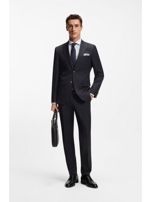 Boss Erkek Çizgili Saf Yün Kumaş Sivri Yakalı Normal Kesim Lacivert Takım Elbise 50557245-404